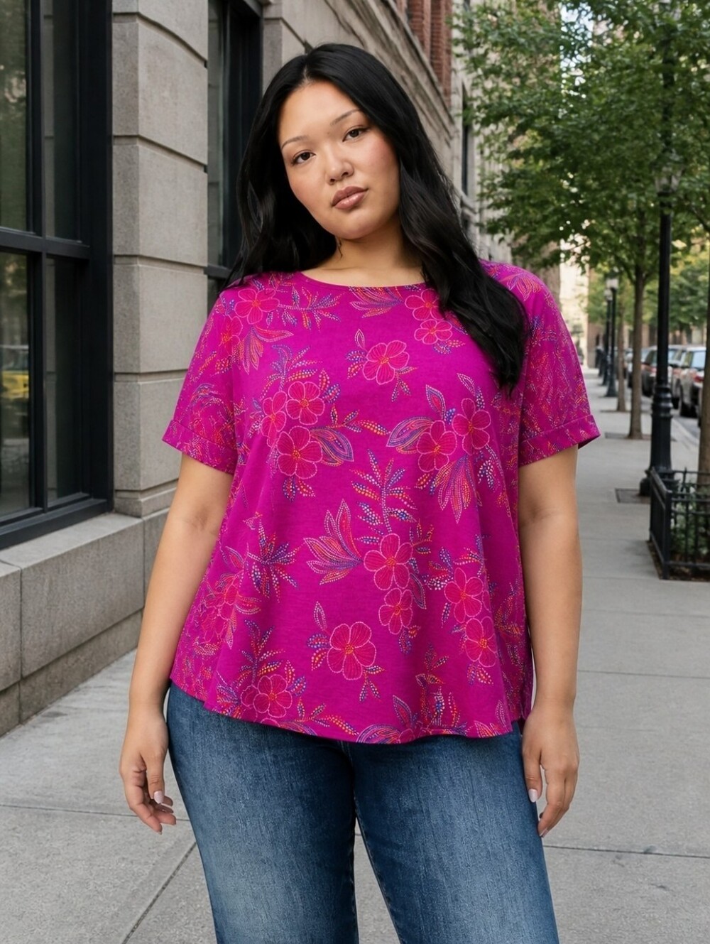 Dear Scarlett Boyfriend V0037 Floral Short Sleeve Top Magenta Pink Size 2X NWT